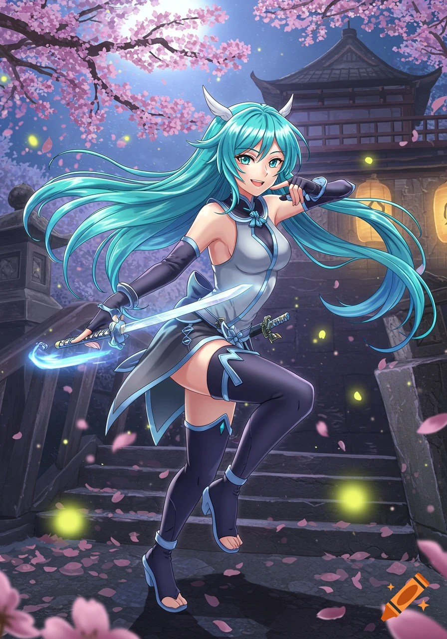 Anime magical girl with teal hair and horns in a ninja-like outfit, holding a glowing sword, on steps with cherry blossoms and a Japanese temple at night.