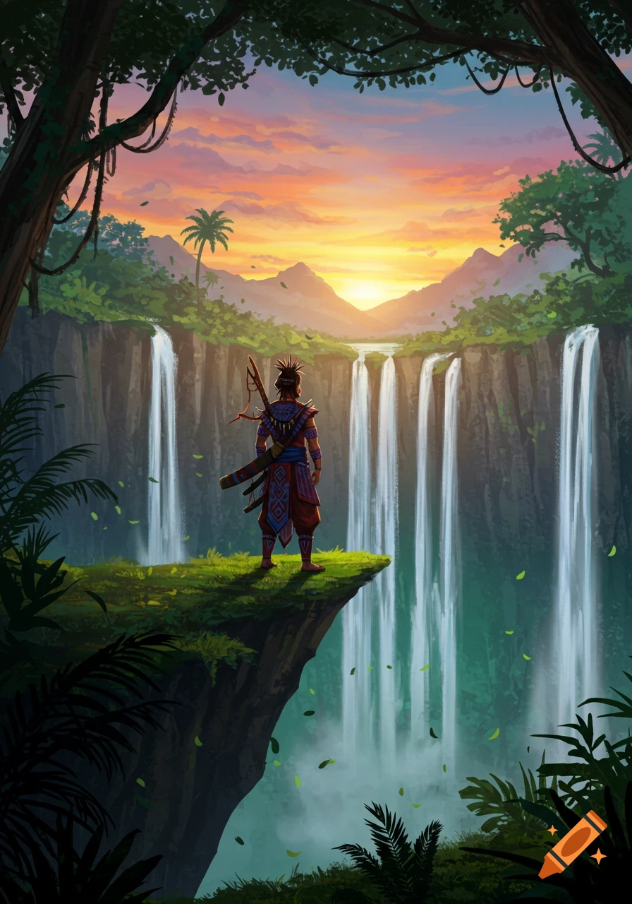 A person with a bow and quiver stands on a cliff overlooking a series of waterfalls and a sunset over mountains in a lush jungle.