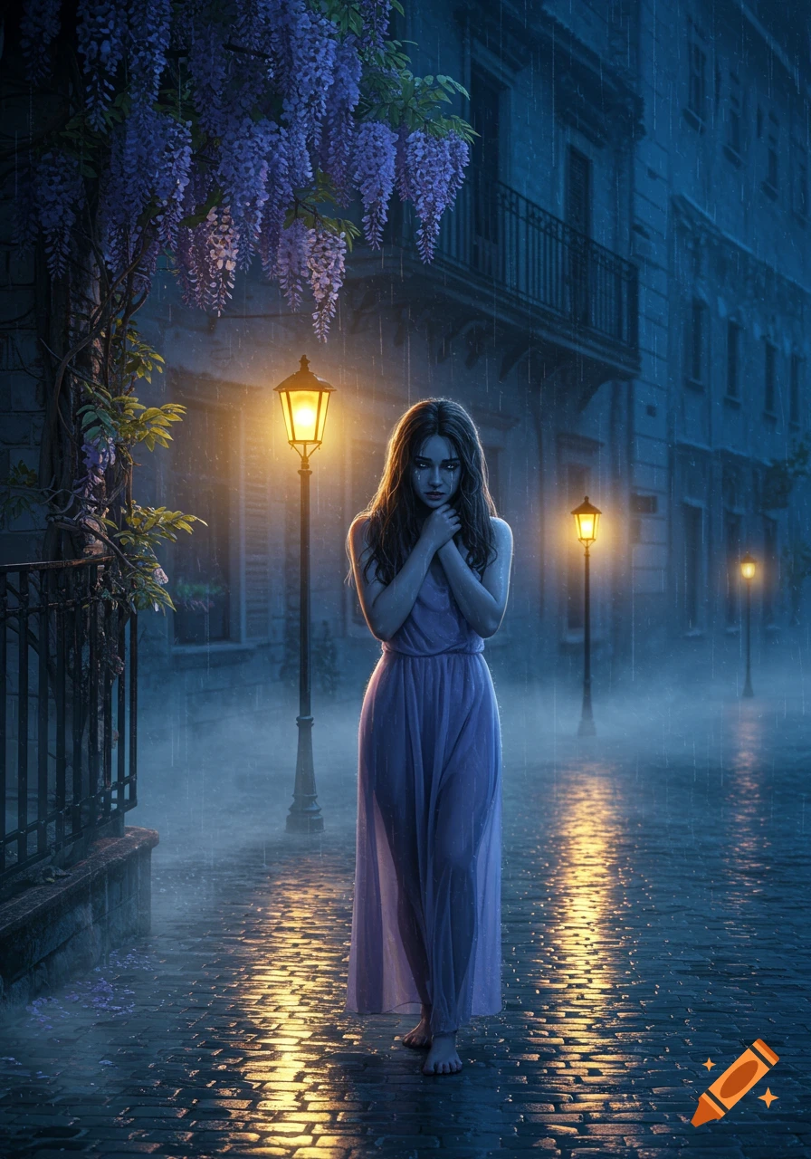A melancholic woman in a lavender dress stands barefoot on a rainy cobblestone street at night, illuminated by lamplight and purple wisteria.