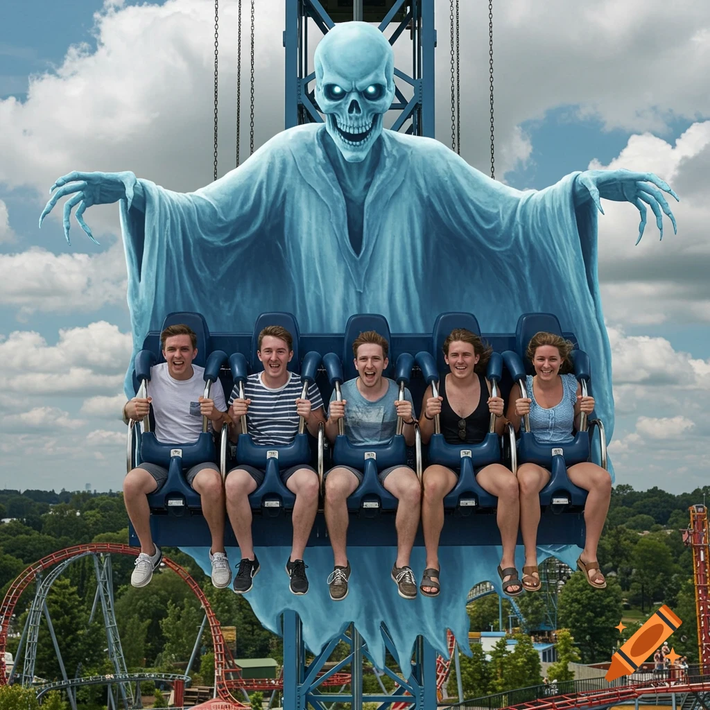 Five young adults on a drop tower ride at an amusement park with a giant glowing blue ghost looming behind them.