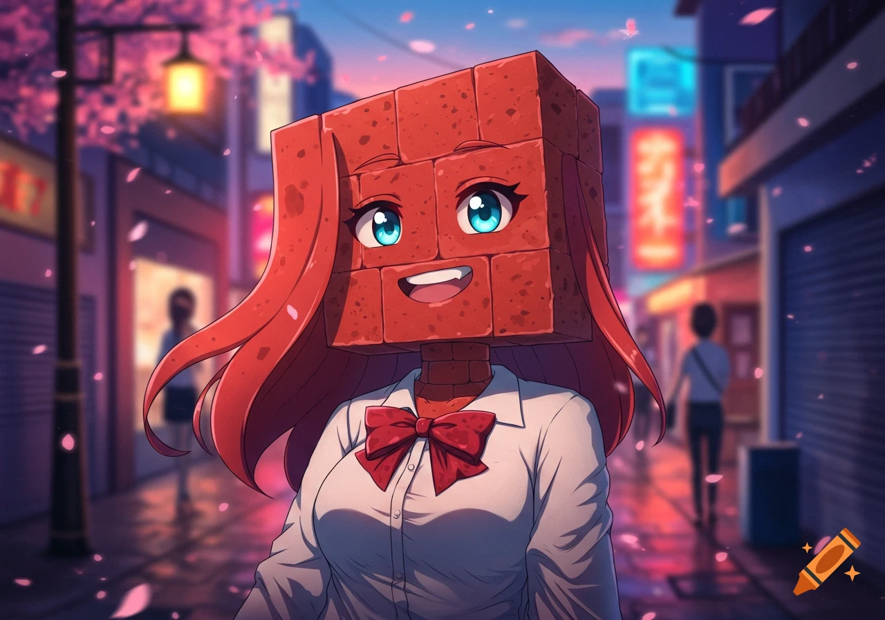 An anime girl with a brick head and red hair smiles in a cherry blossom-filled Japanese city street at dusk.