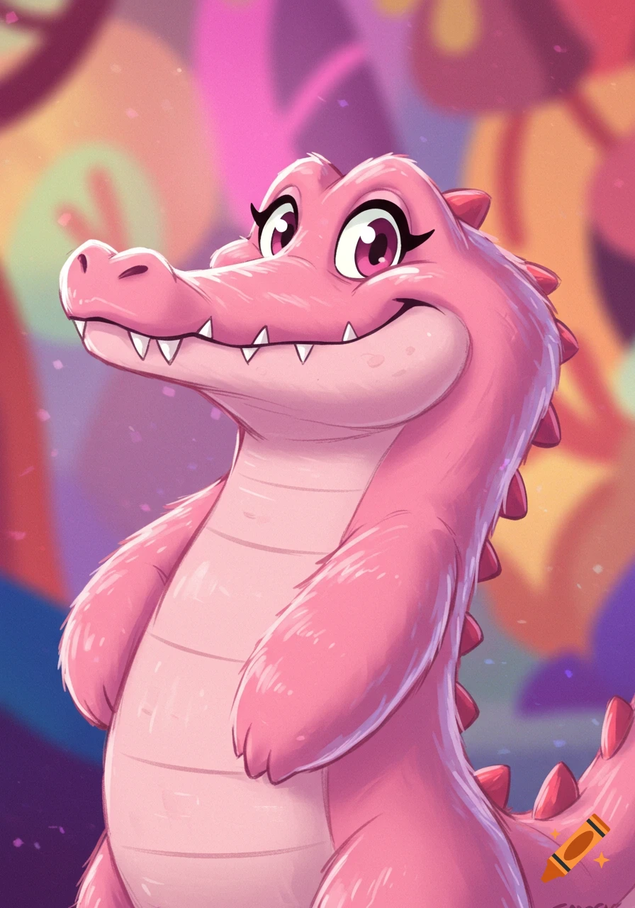 A smiling, cute pink furry crocodile character with large eyes in a vibrant cartoon style.