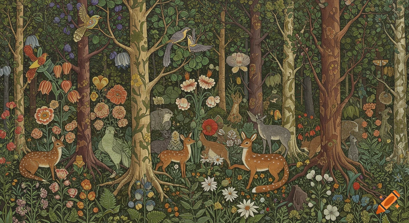 A highly detailed, vintage-style chromolithograph illustration of a vibrant forest with deer, birds, and intricate flora.