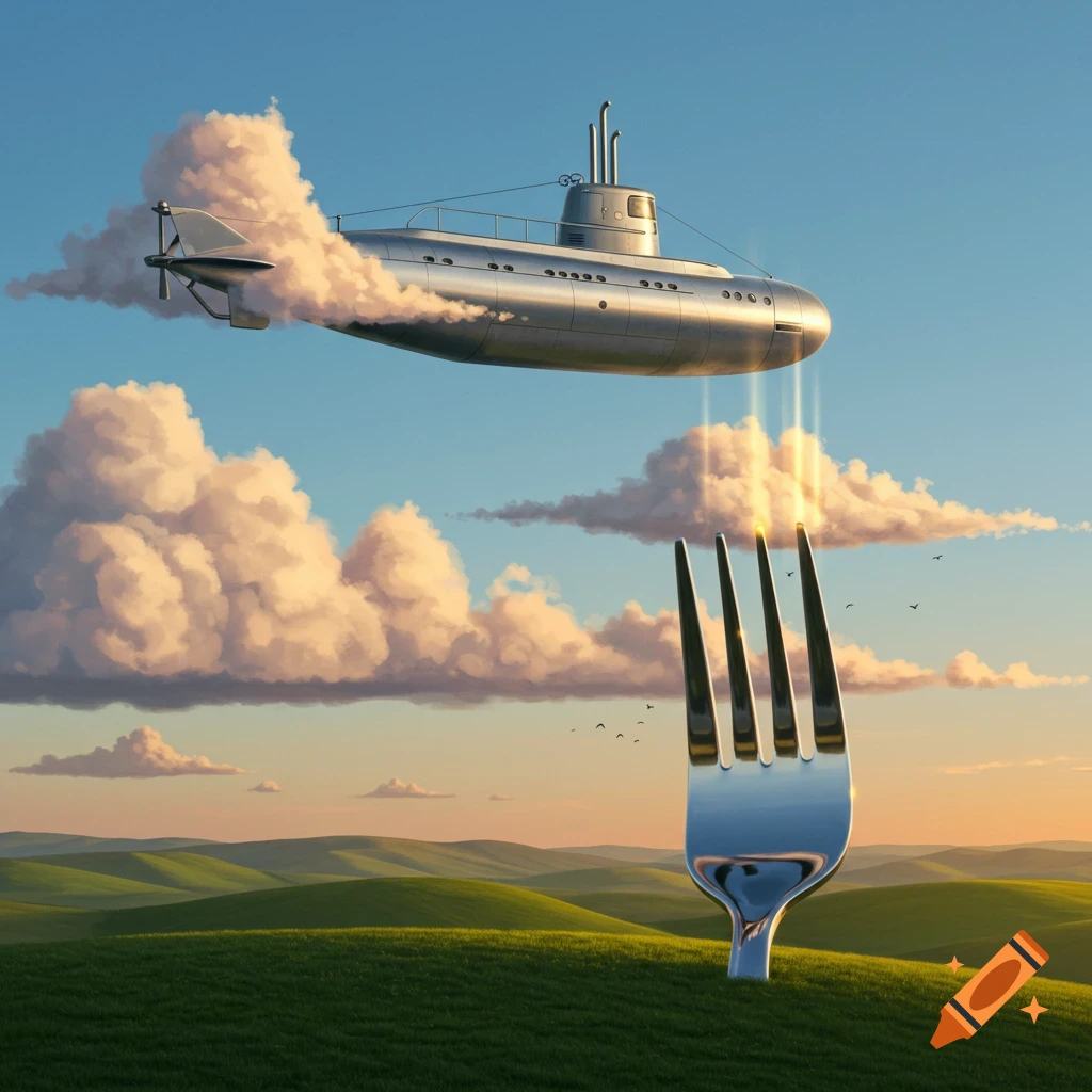 A surreal image of a silver submarine flying amidst clouds in a blue sky, emitting glowing rays onto a giant fork stuck in green rolling hills.