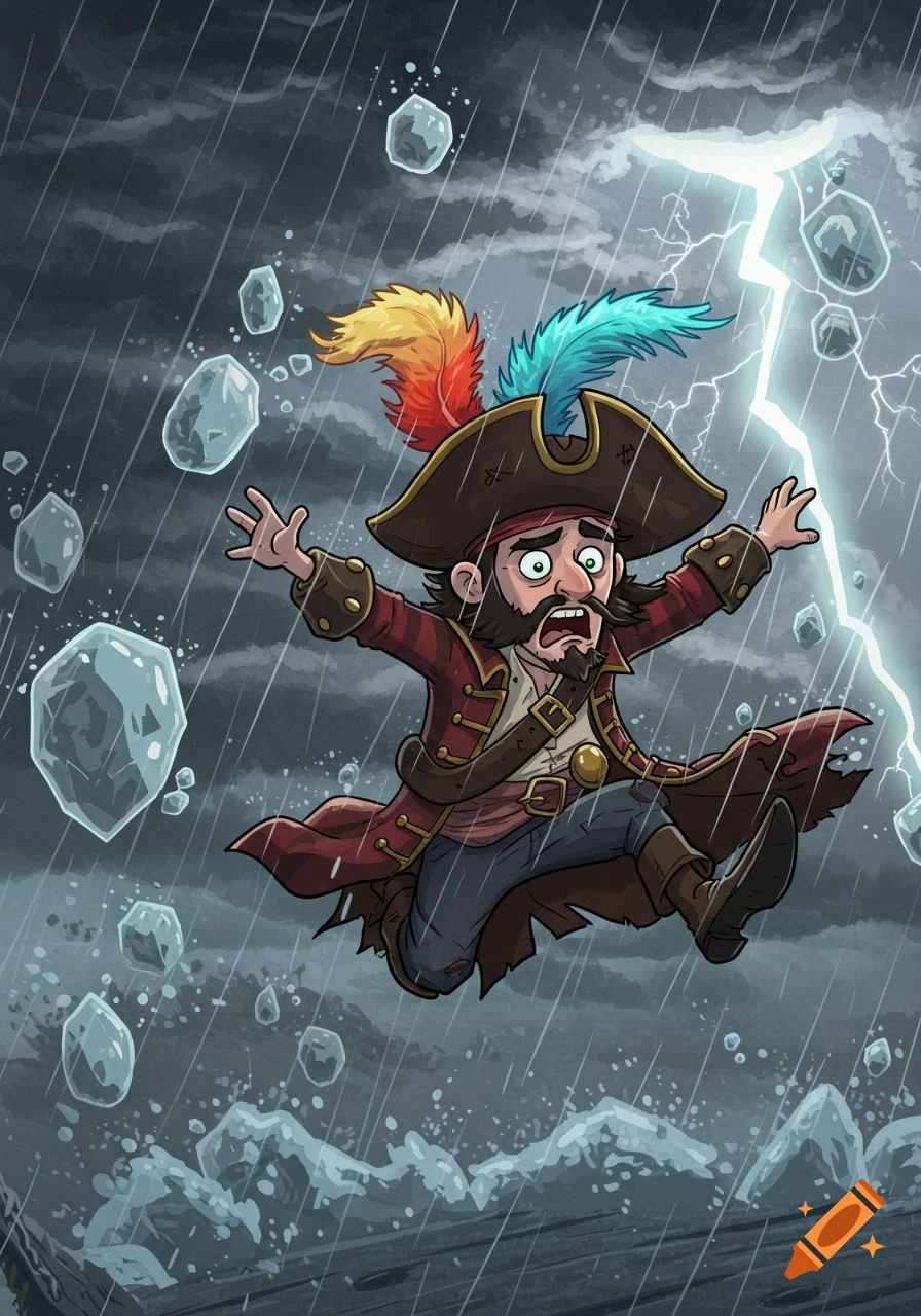 Terrified cartoon pirate falling from a ship during a severe hail and lightning storm.