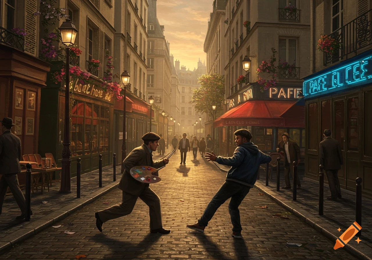 An artist with a palette gestures at a man in a Parisian street at sunset, lined with cafes and buildings.