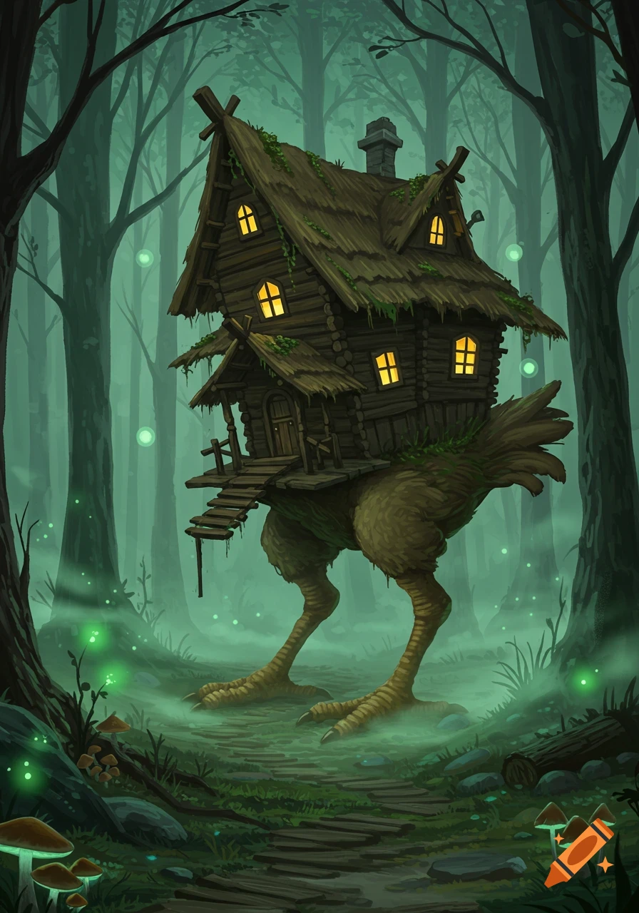 A whimsical, ramshackle wooden house with glowing windows stands on large chicken legs in a misty, dark forest with glowing mushrooms and fireflies.