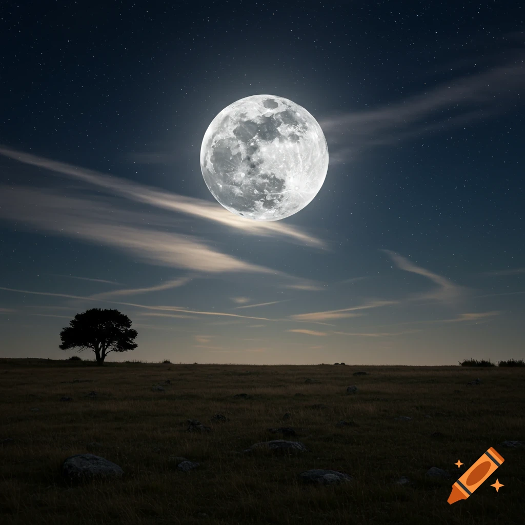 A large full moon dominates a dark, starry night sky above a shadowy field with a lone silhouetted tree.