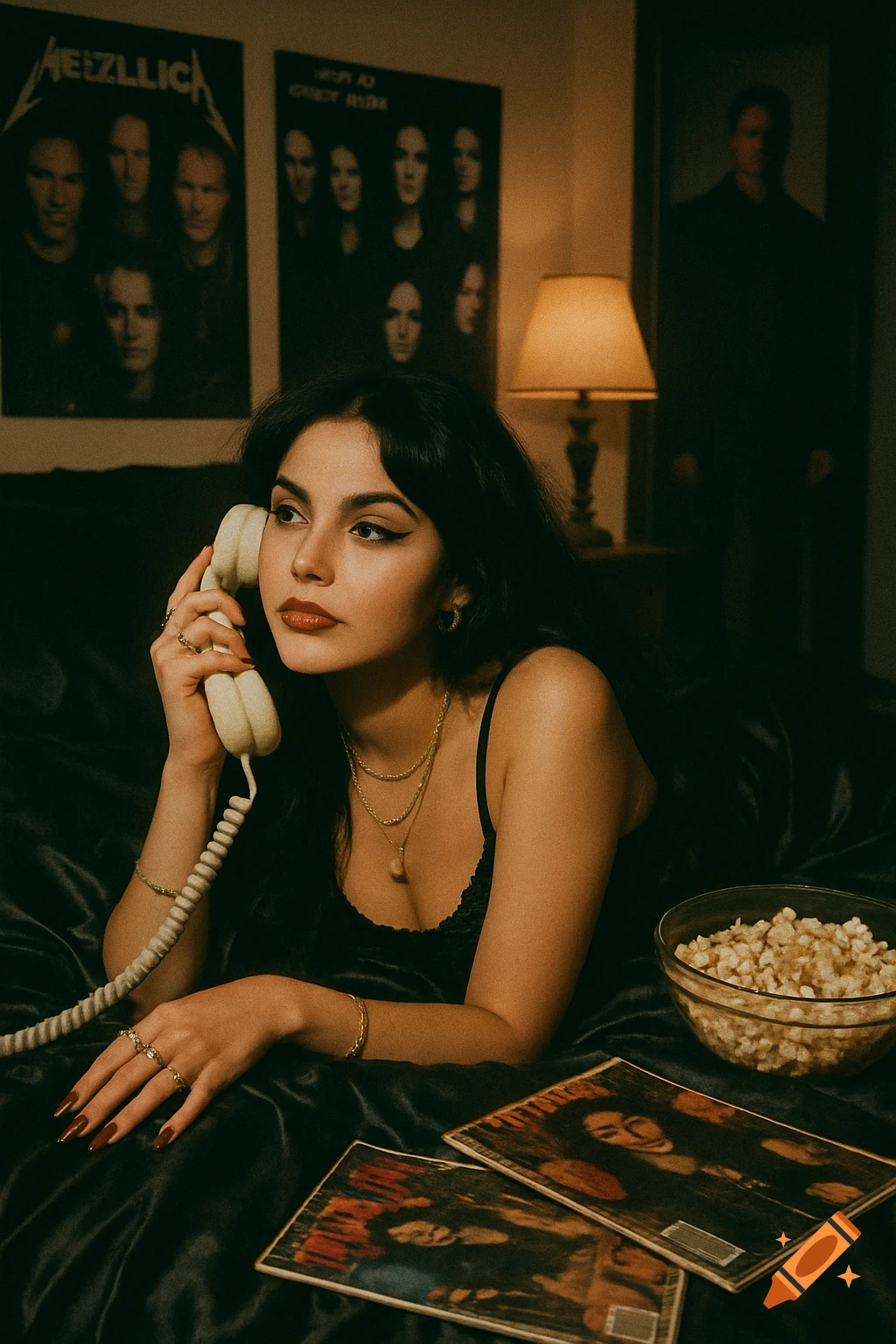 A woman in a black camisole lies on a dark satin bed, talking on a corded phone. She has long dark hair and wears gold jewelry. A bowl of popcorn and magazines are nearby, with metal band posters on the wall.