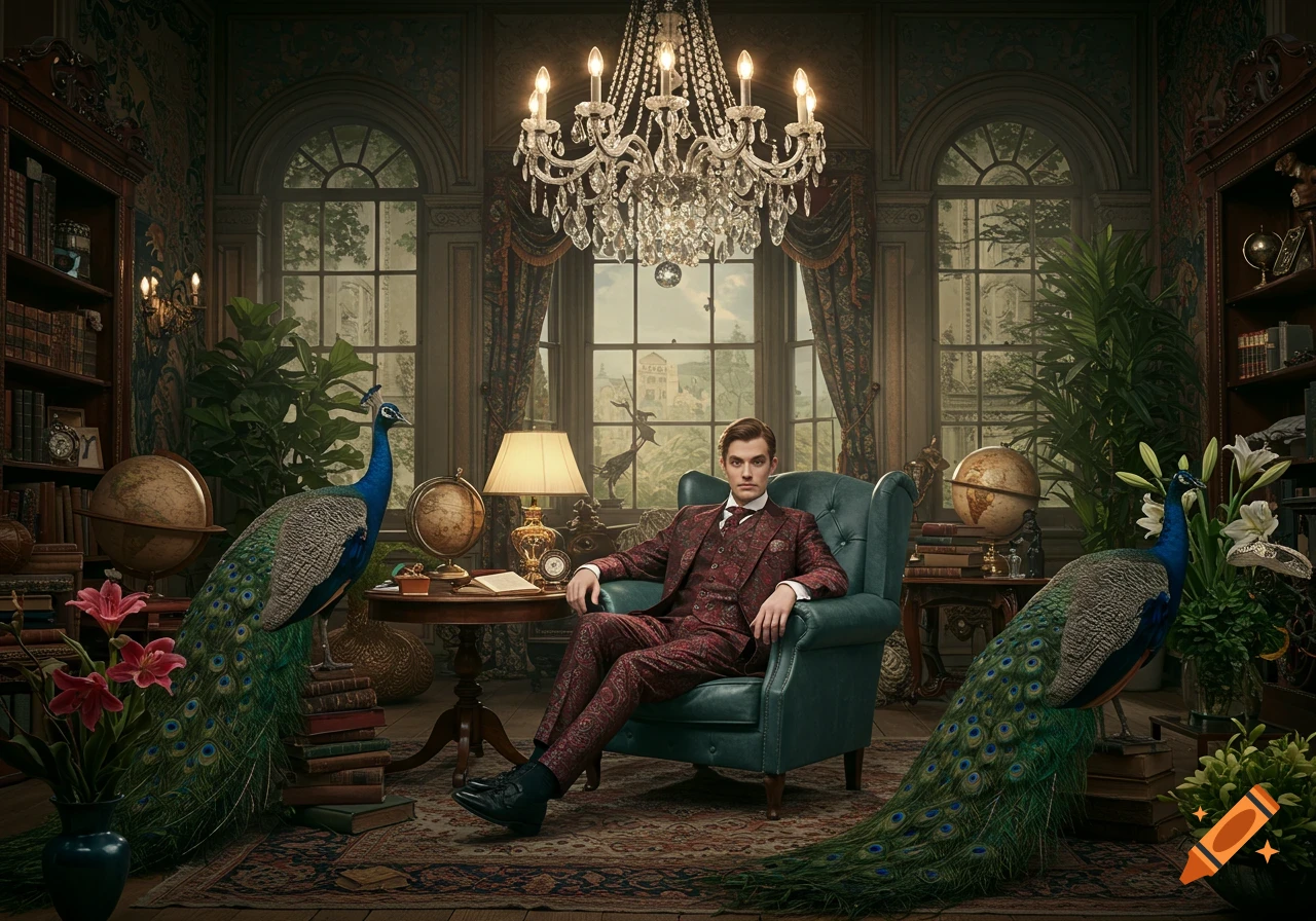 A dapper man in a patterned suit sits in a teal armchair in a luxurious study with peacocks and ornate decor.