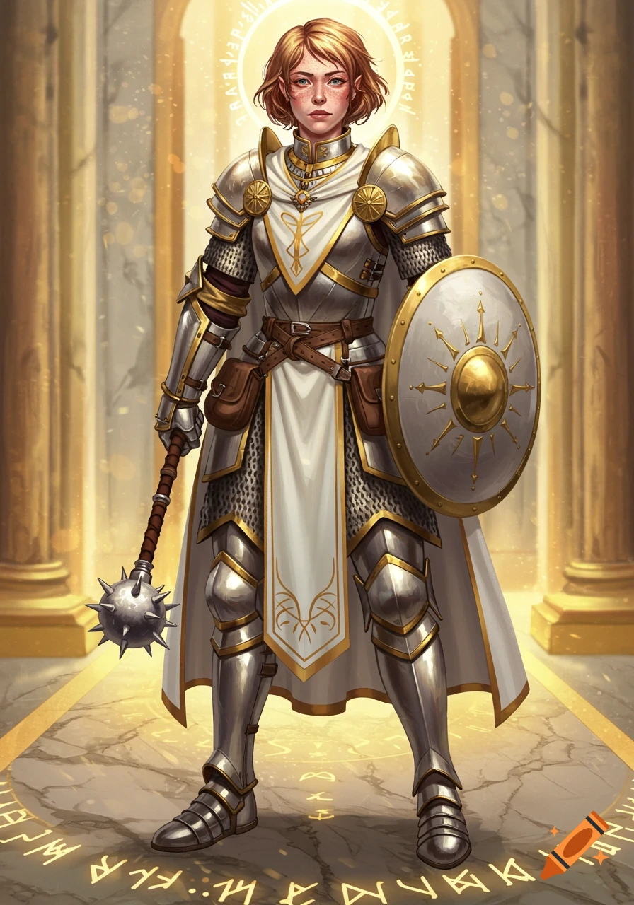 A female aasimar D&D cleric with short strawberry blonde hair and freckles, wearing plate mail, holding a mace and shield, in a fantasy setting.