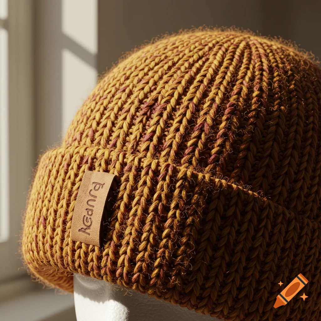 Close-up of a mustard yellow knitted beanie hat with a brown leather tag, illuminated by sunlight casting shadows.