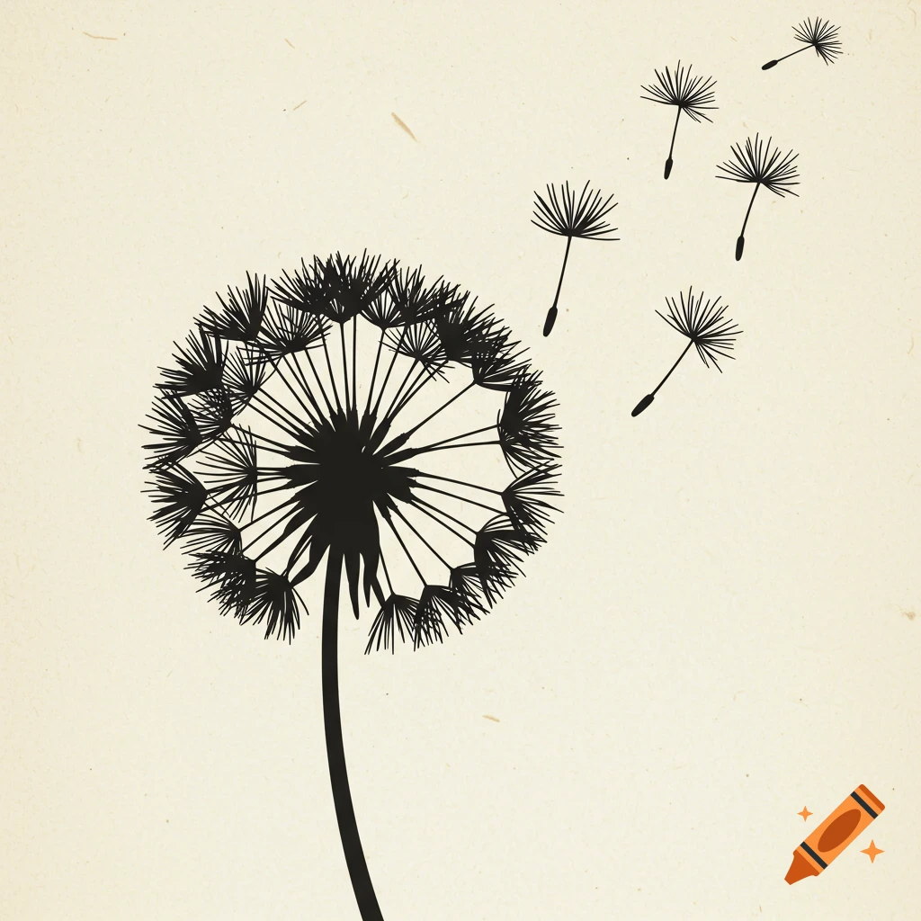 Black stencil drawing of a dandelion with seeds blowing away on a light, textured background.
