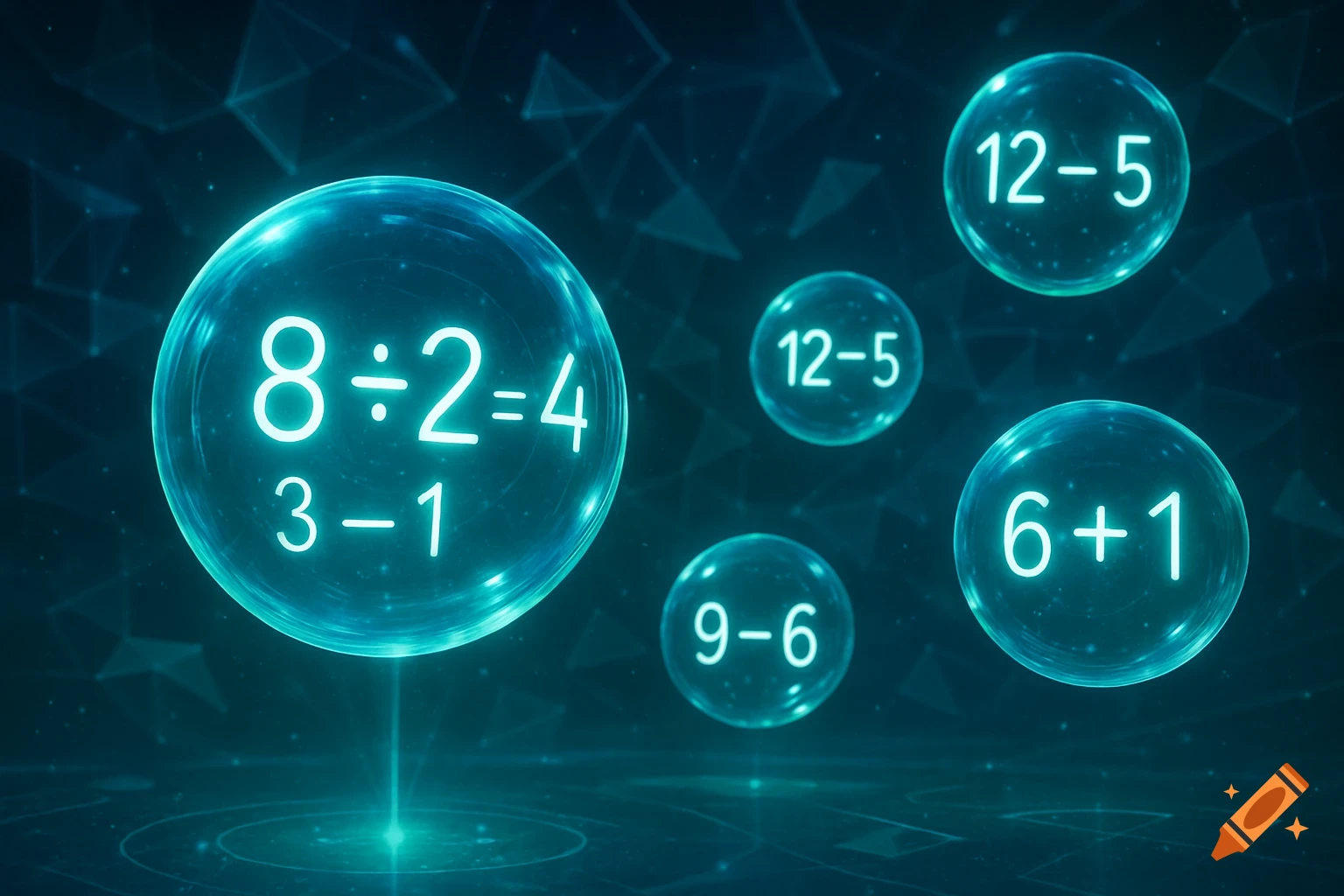 Glowing mathematical equations in bubbles, like 8 ÷2=4, floating above a digital dark blue background with abstract geometric lines.