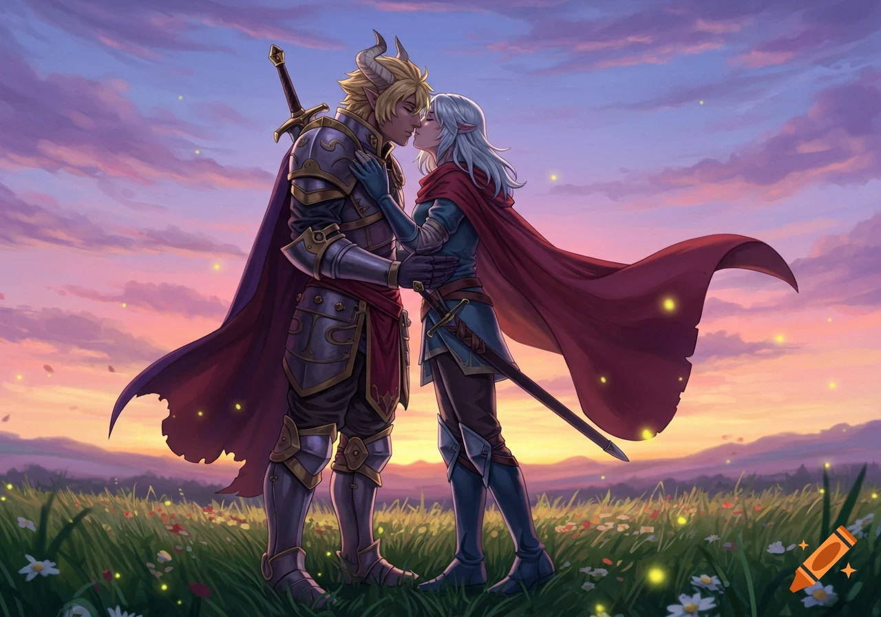 A horned knight and an elf-like woman kiss in a wildflower field under a colorful sunset sky, in a fantasy art style.