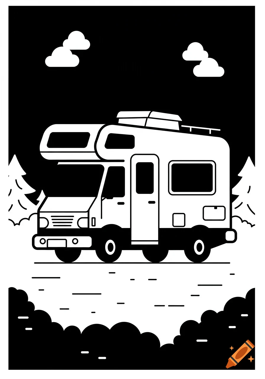Black and white vector graphic of a campervan parked outdoors with trees and clouds in a comic style.
