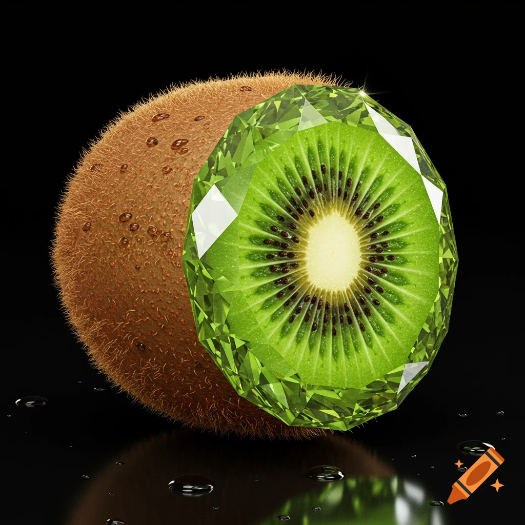 A photorealistic kiwi fruit, half fuzzy brown, half sparkling green diamond, against a black background with water droplets.