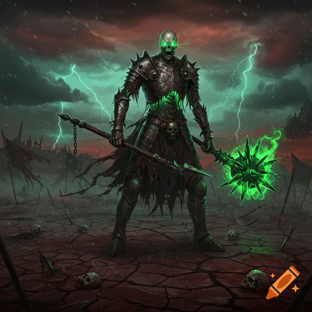 An intimidating undead skeleton warrior in spiked armor with glowing green eyes and chest, wielding a spear and a glowing spiked mace, stands on a desolate, cracked battlefield with skulls under a stormy, lightning-filled sky.
