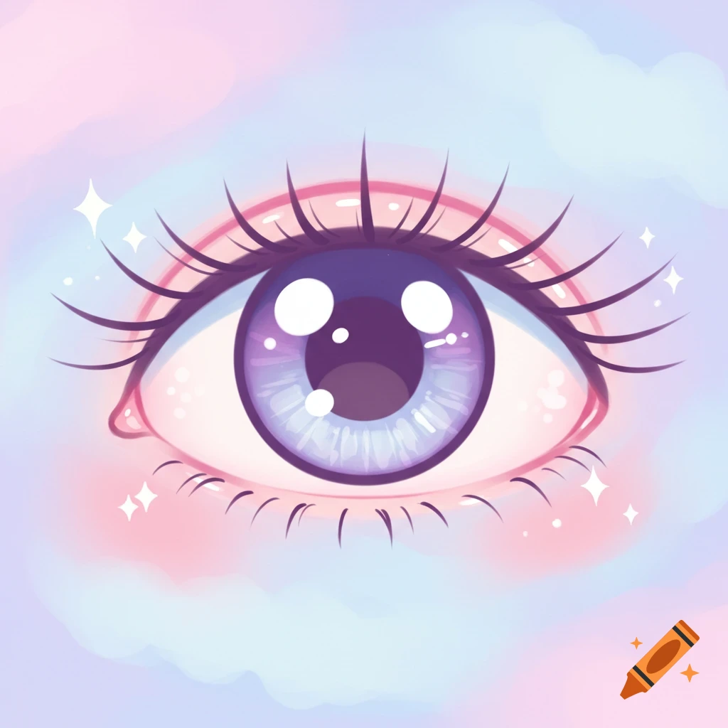 A stylized cartoon eye with long lashes, a purple iris, and sparkling highlights against a soft pastel background.