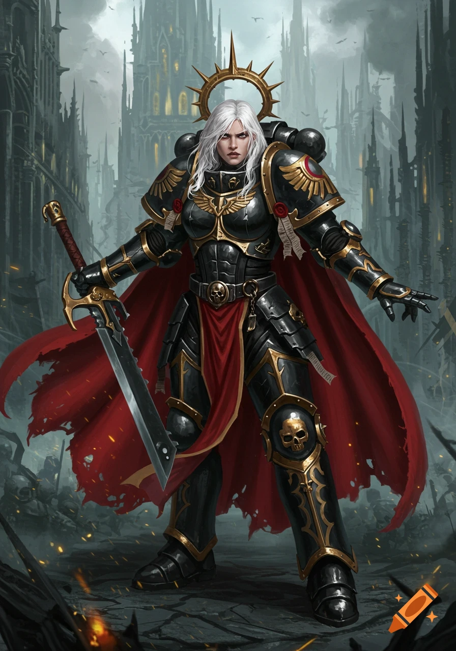 A white-haired Adepta Sororitas warrior in black and gold power armor with a red cape, holding a sword amidst a gothic battlefield.