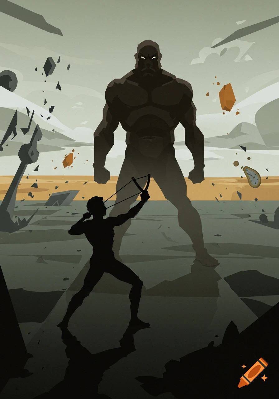 A minimalist illustration of a small figure with a slingshot facing a giant in a surreal, breaking landscape with a melting clock.