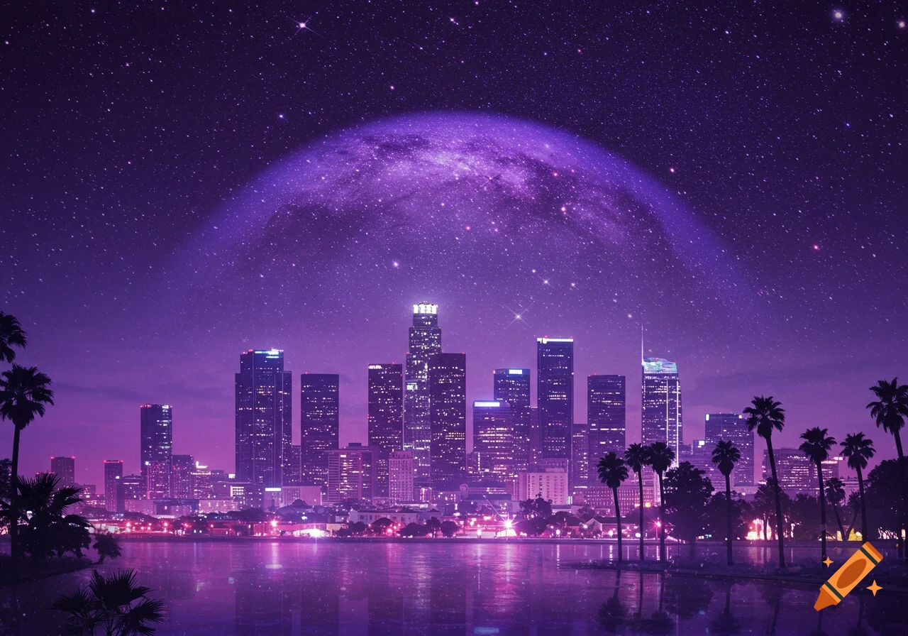 A vibrant purple night cityscape with a starry sky and a large galaxy projection above. Palm trees line the reflective water.