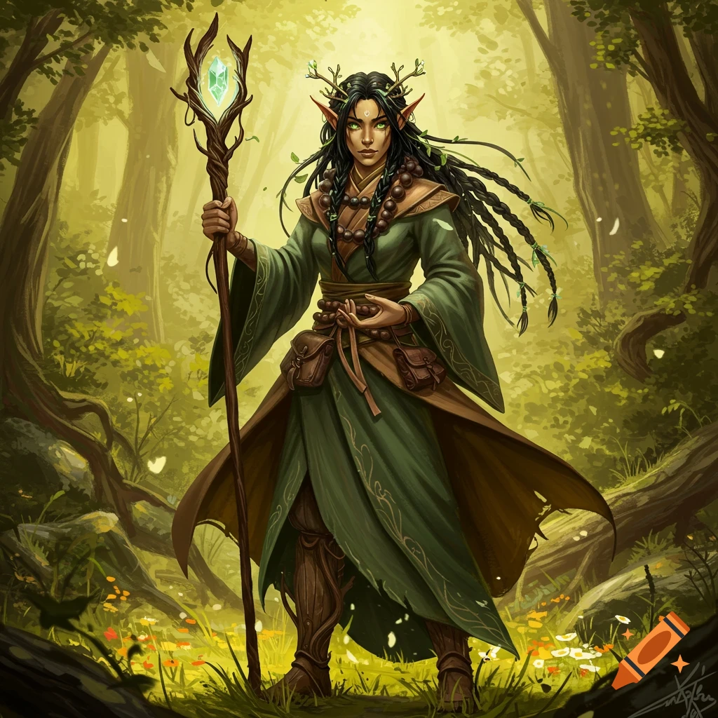 A female wood-elf monk with braided dark hair and antlers, holding a glowing crystal staff, stands in an enchanted forest.