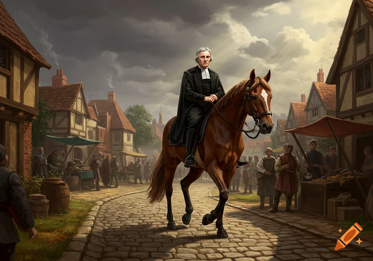 A man in a black cassock rides a brown horse through a bustling historical market town under a cloudy sky. Painterly style.