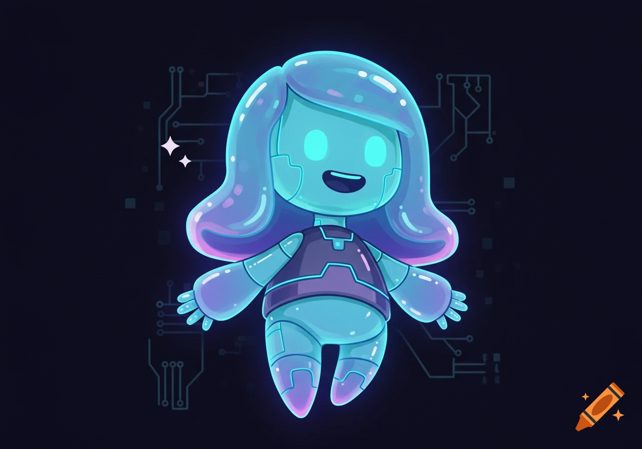 A friendly, glowing blue and purple cartoon robot character in a sleek tech outfit, smiling and floating against a dark background with circuit patterns.
