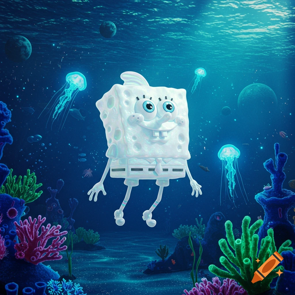 A white, translucent, alien-like SpongeBob floats in a deep blue underwater scene with glowing jellyfish, coral, and distant planets.