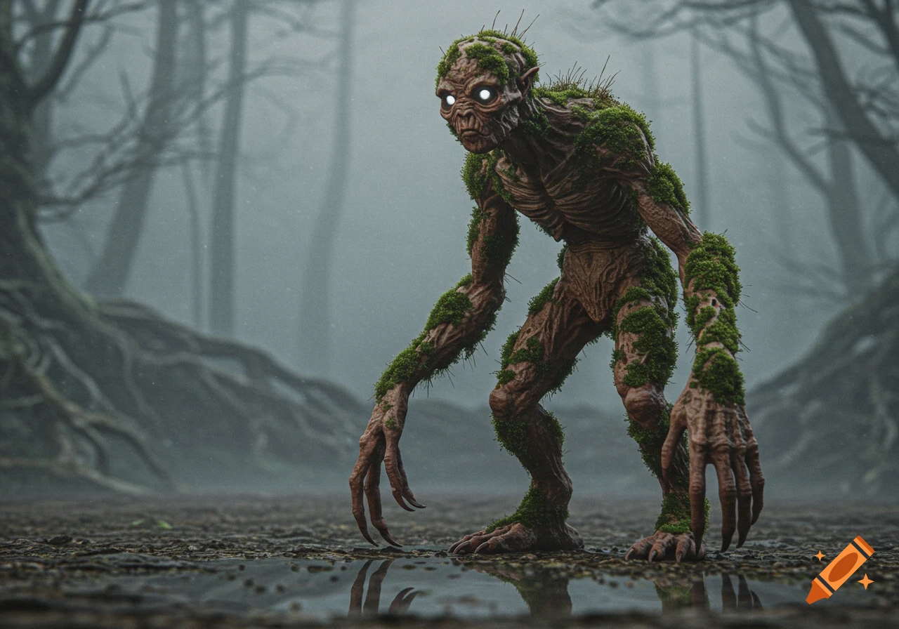A photorealistic moss-covered monster with glowing eyes stands in a misty, dark forest with tangled roots and puddles.
