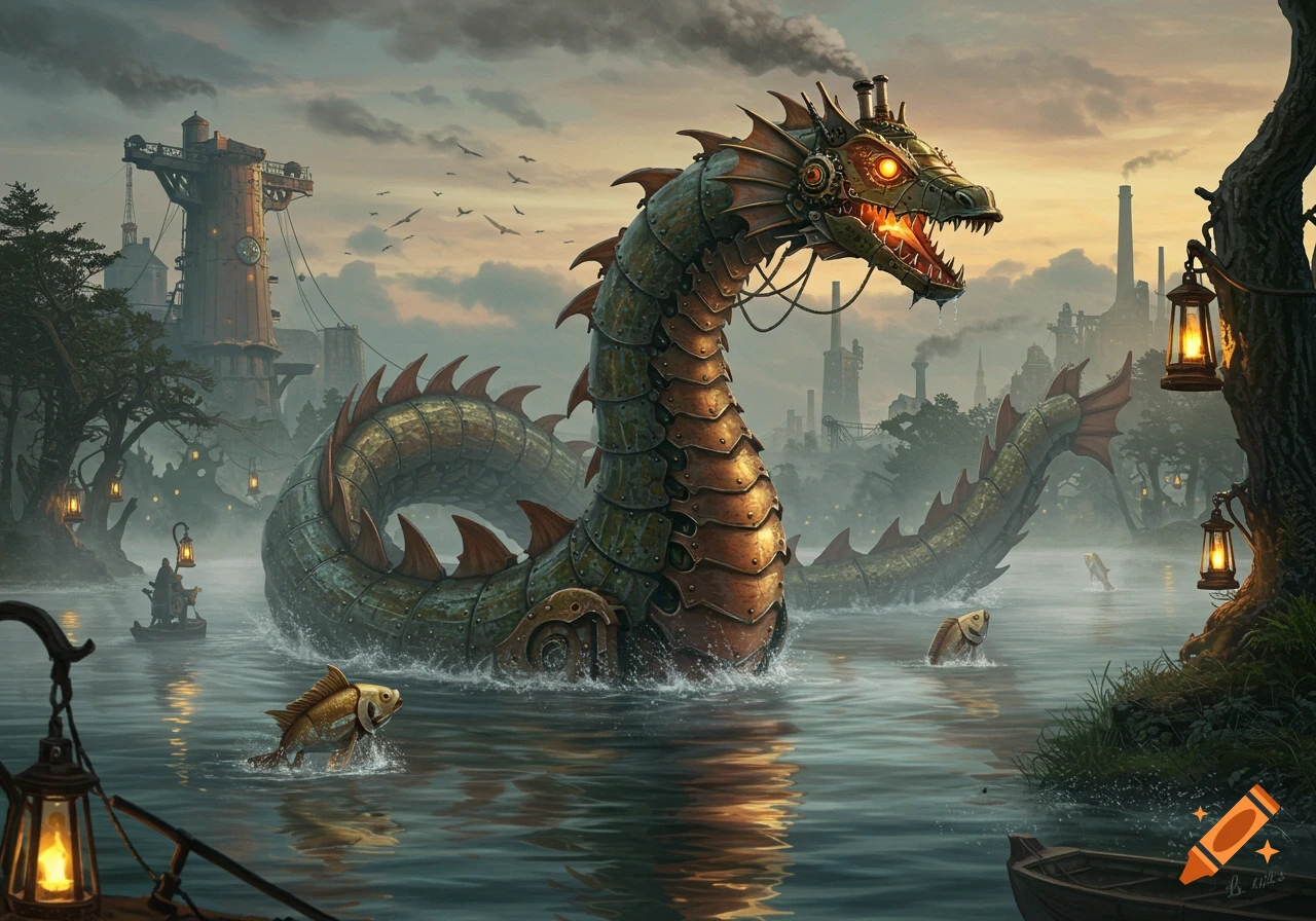 A detailed steampunk sea monster emerges from murky water, an industrial landscape with factories and lanterns in the background.