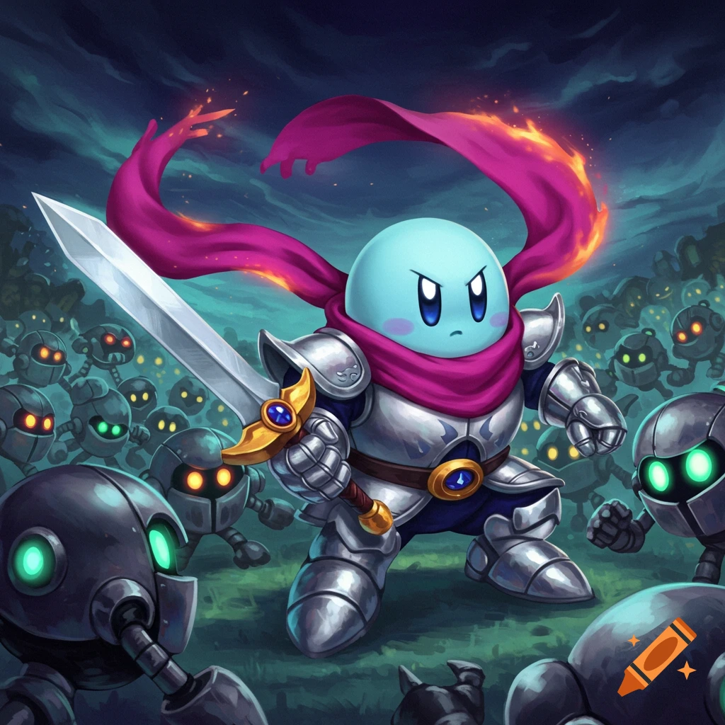 Kirby in silver armor and magenta scarf, holding a sword, facing an army of robots.