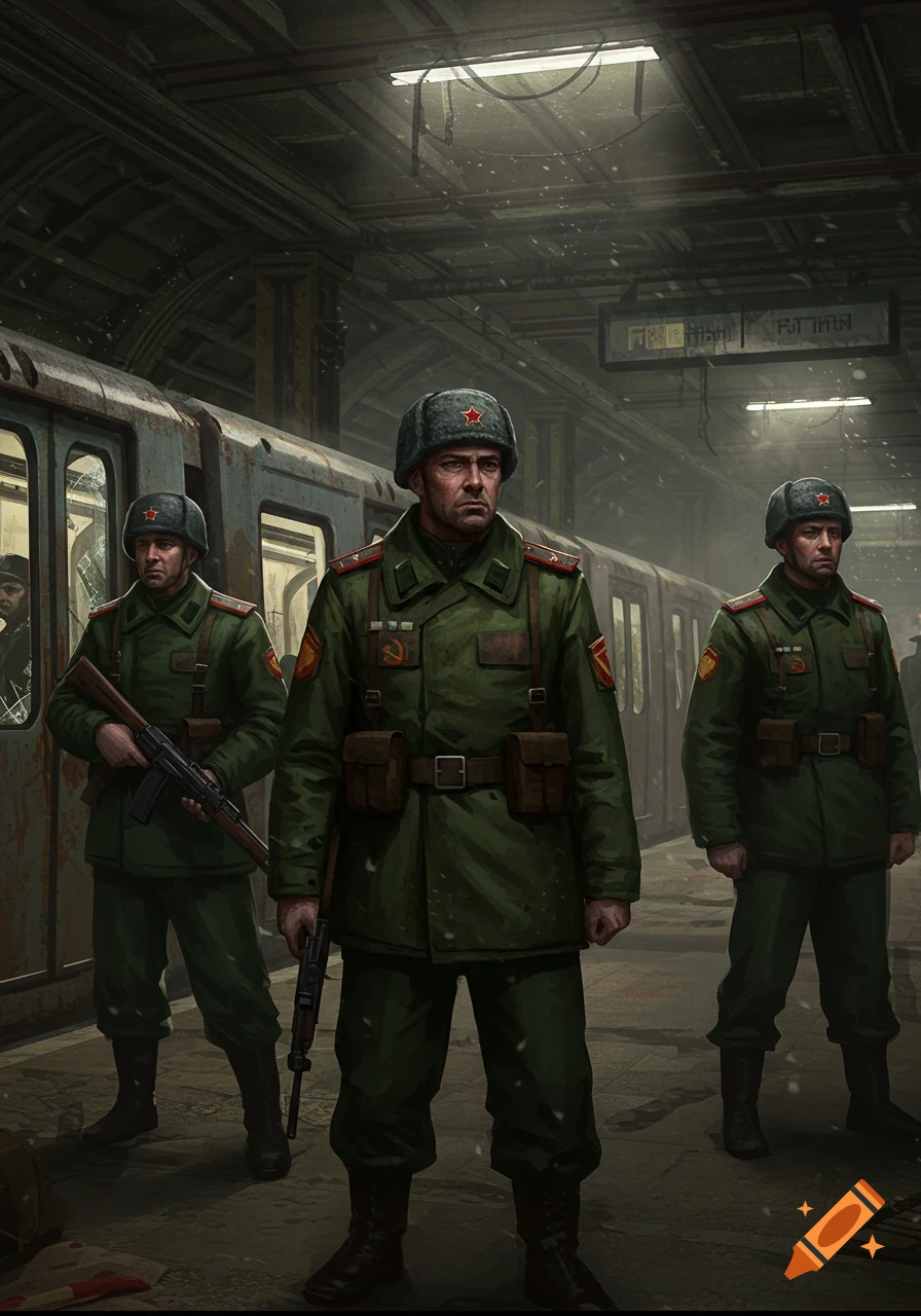Three stern Soviet-era soldiers in green uniforms stand armed in a dark, dilapidated post-apocalyptic metro station, an illustration.