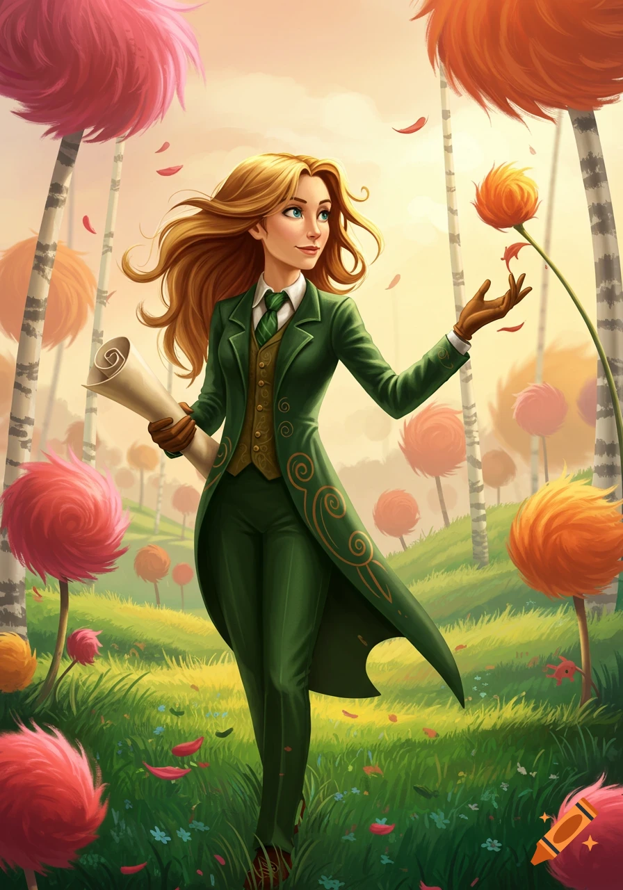 Illustrated woman in green suit stands in a whimsical forest with pink and orange fluffy trees, holding a scroll.
