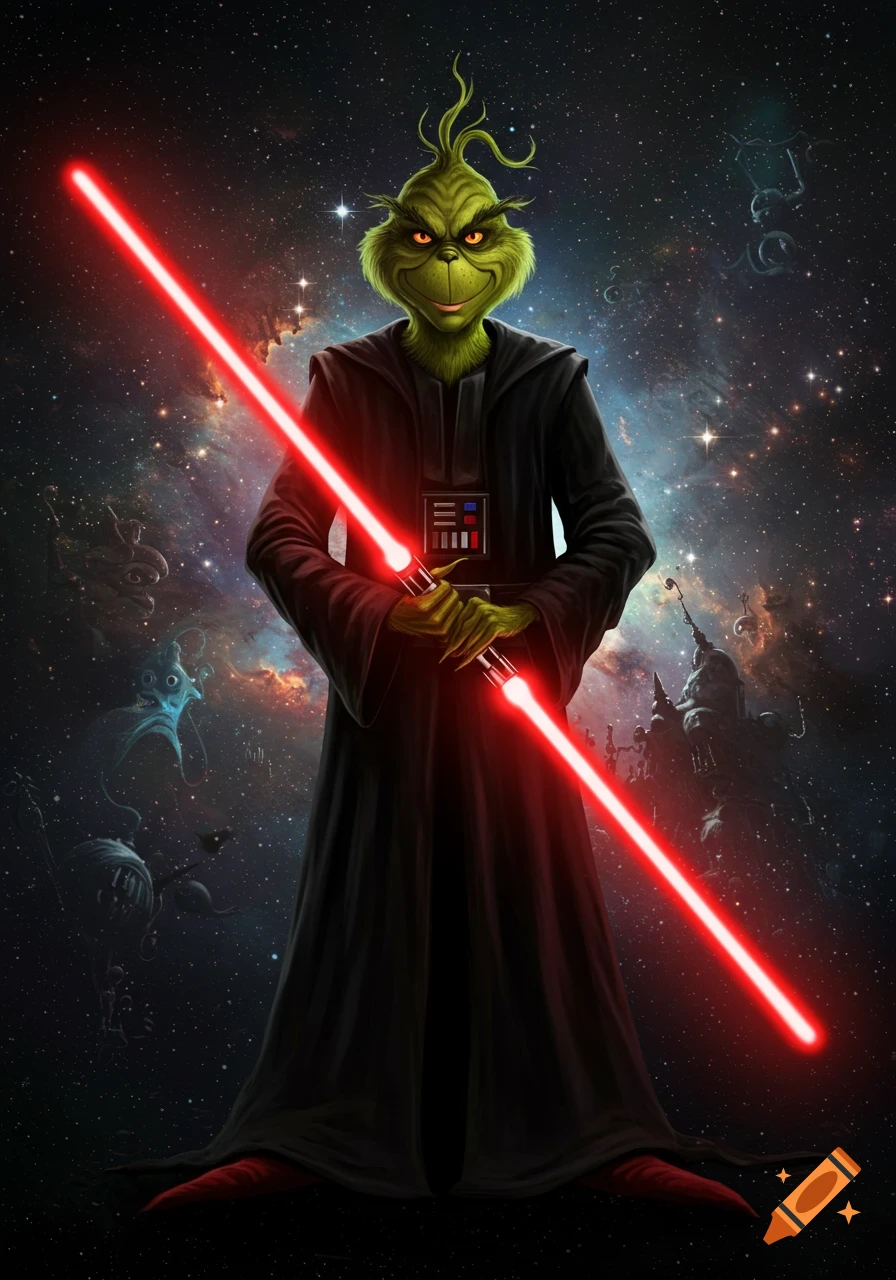 The Grinch dressed as Darth Vader, holding a red double-bladed lightsaber against a vibrant galaxy background.