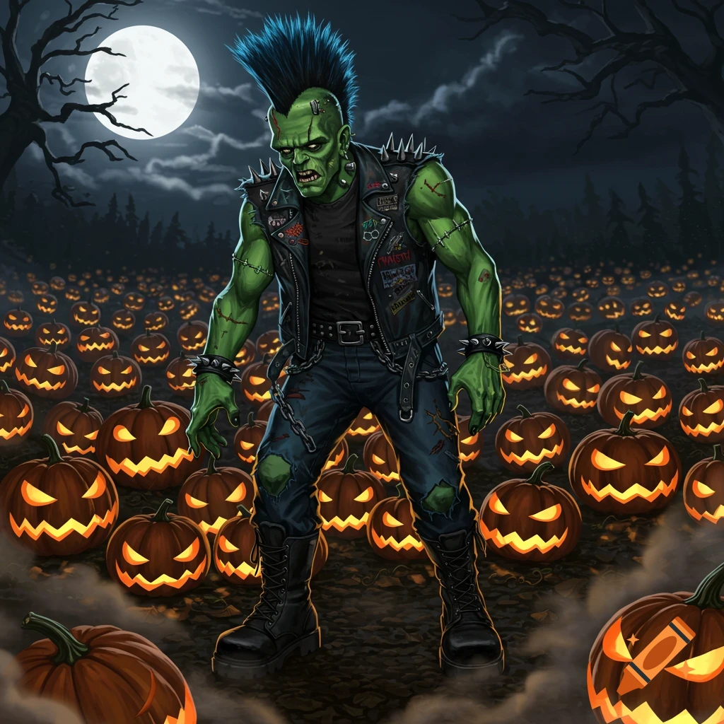 Illustrated punk rock Frankenstein monster with blue mohawk standing in a glowing jack-o'-lantern patch under a full moon.