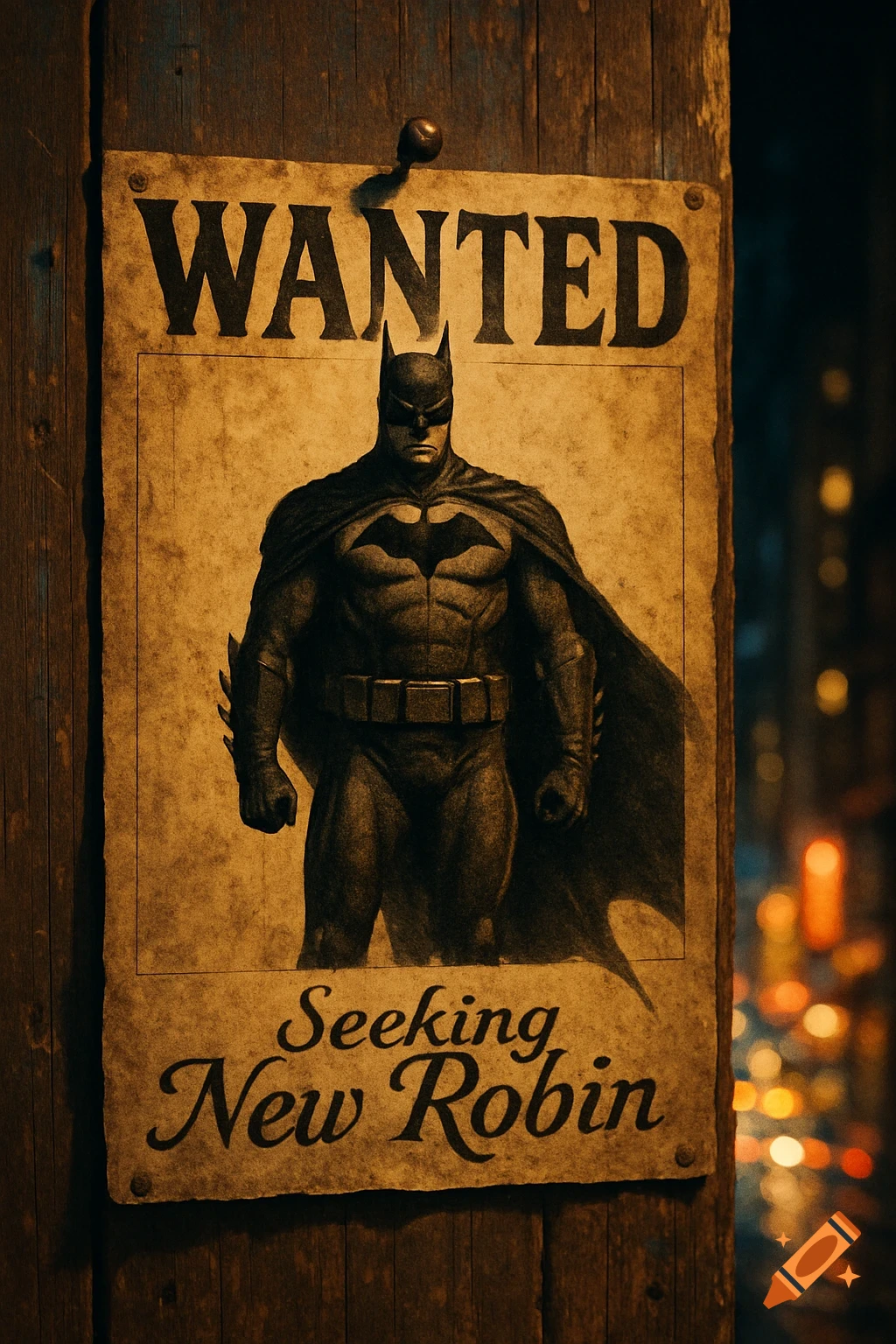 A vintage-style 'WANTED' poster featuring Batman, with text 'Seeking New Robin,' nailed to a wooden wall with a blurry city background.