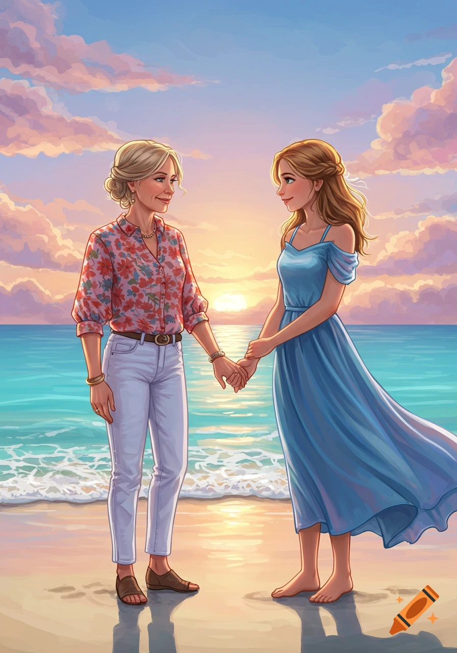 Digital illustration of two women holding hands on a sandy beach at sunset, looking lovingly at each other with ocean waves behind them.