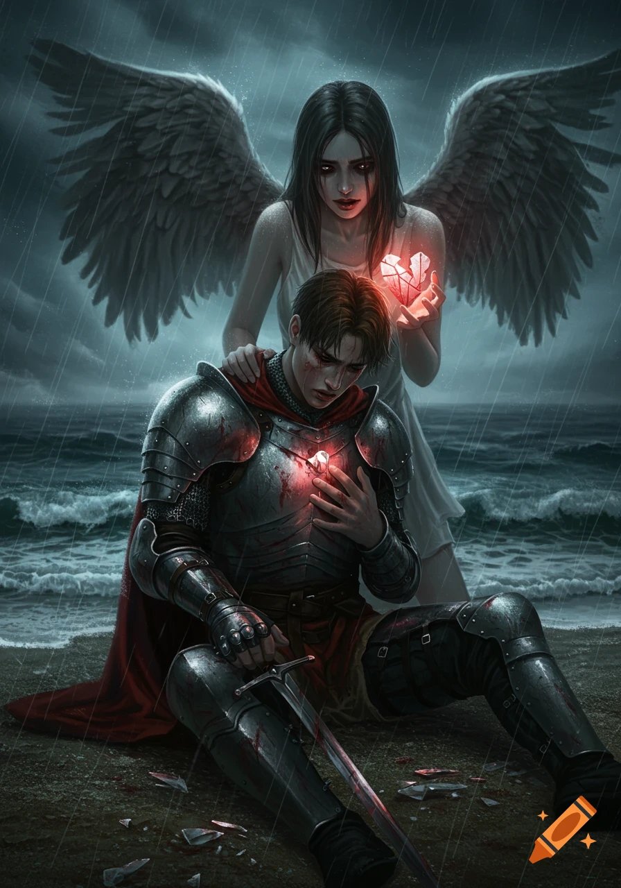 A wounded knight sits on a rainy beach, looking at a glowing broken heart held by a sorrowful angel standing behind him.