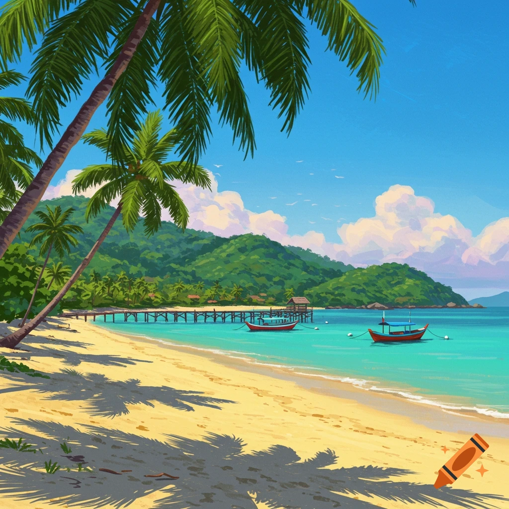 Vibrant illustration of a tropical beach with palm trees, a wooden pier, and two boats in turquoise water under a clear blue sky.