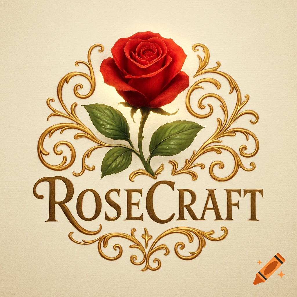 Logo for RoseCraft featuring a vibrant red rose, green leaves, and ornate gold scrollwork on a light background.