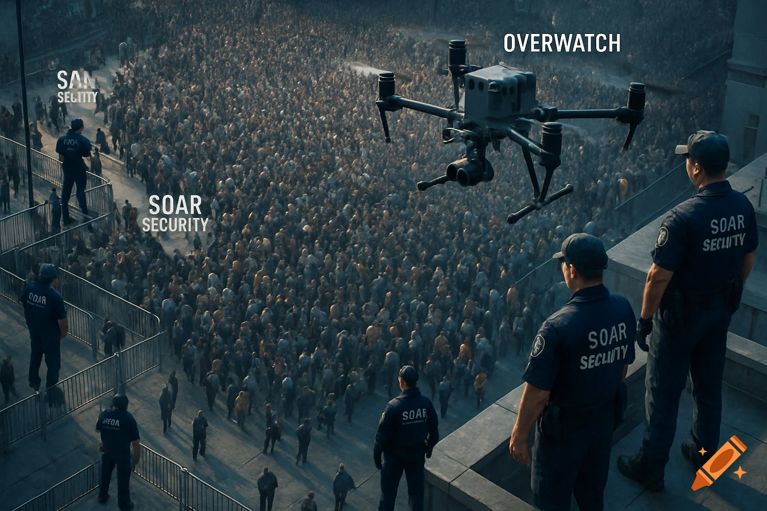 Overhead view of a security drone labeled OVERWATCH flying above a dense crowd, with security guards labeled SOAR SECURITY on rooftops.