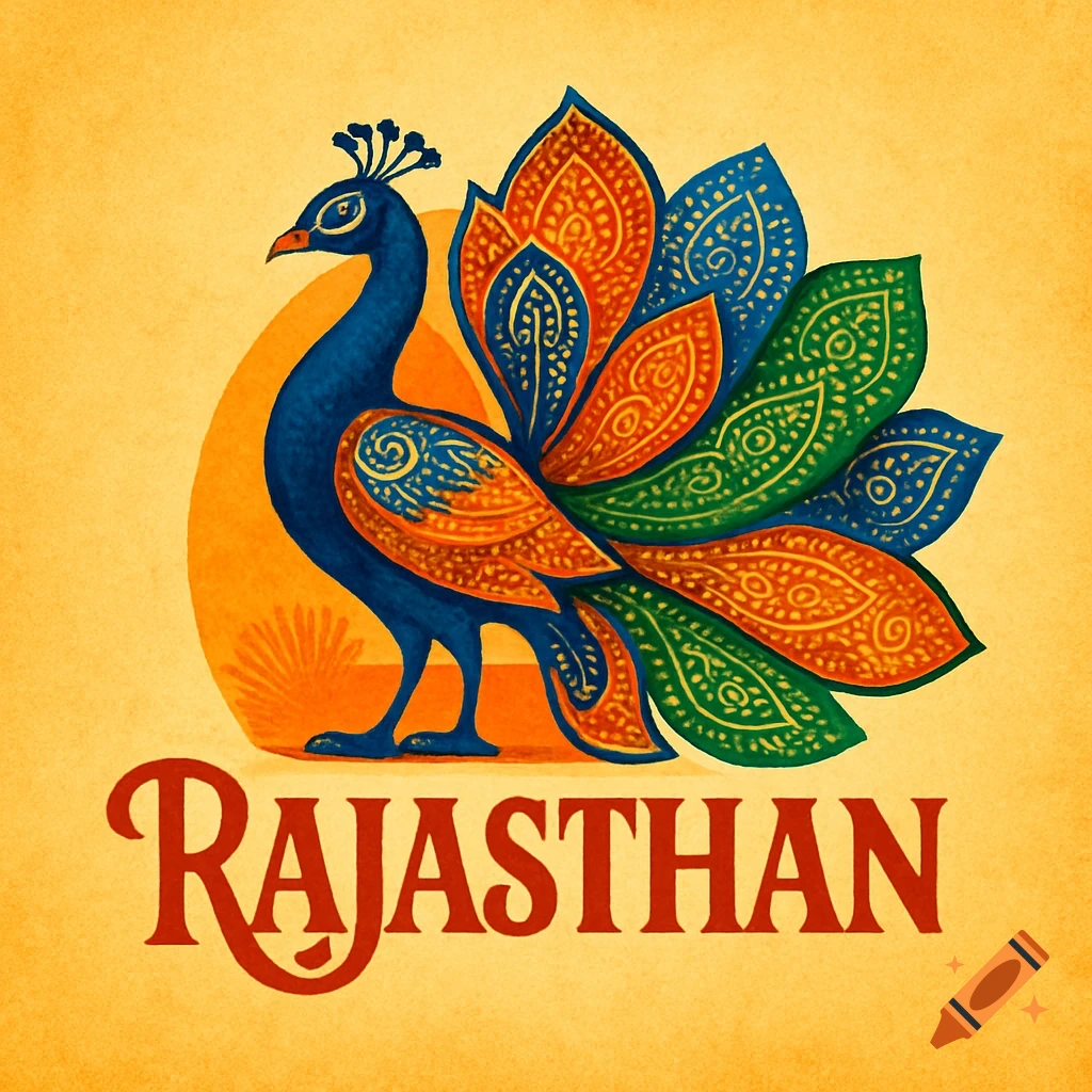Stylized blue and orange peacock with patterned, colorful tail feathers on a textured yellow background. Red text 'RAJASTHAN' below.
