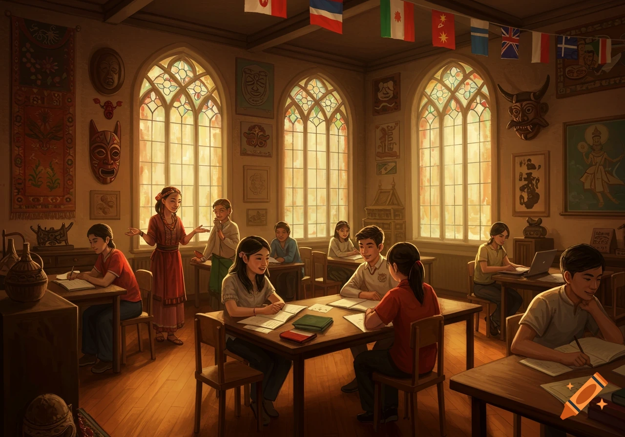 A warm, comfy classroom with cultural artifacts and flags on the walls. Students of diverse backgrounds are seated at desks, some collaborating, others writing.