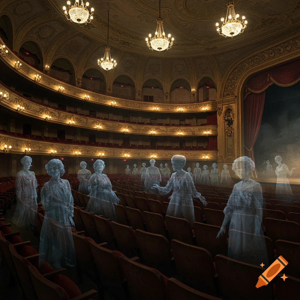 Ghostly, translucent figures of women fill the seats of a grand, ornate old theatre, with sparkling chandeliers and a red-curtained stage.