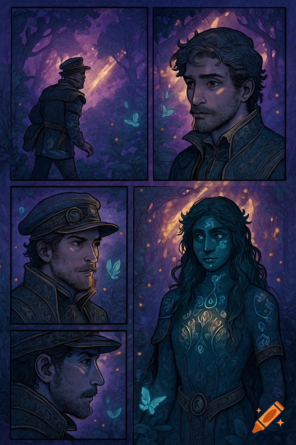 A comic book page depicts a man in uniform in a glowing purple forest, encountering a blue-skinned woman with glowing patterns.