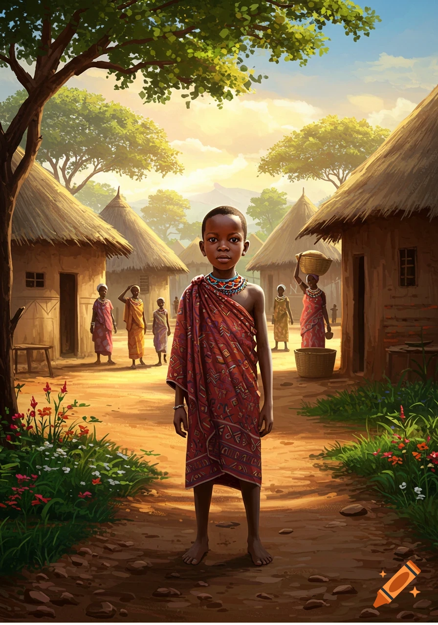 A young African boy in traditional red attire stands in a sunny village with thatched huts and other people. Vibrant illustration.