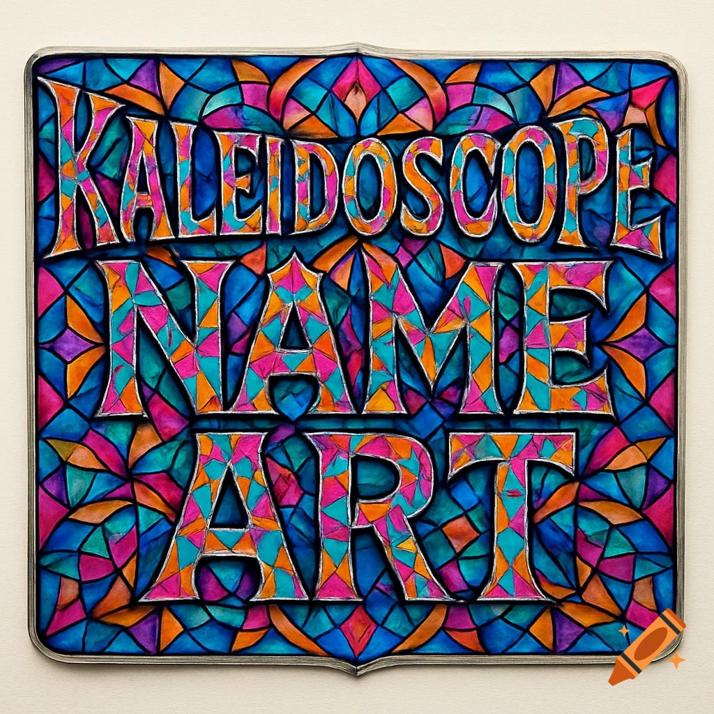 Colorful sign featuring the words 'KALEIDOSCOPE NAME ART' in a vibrant stained glass mosaic style.