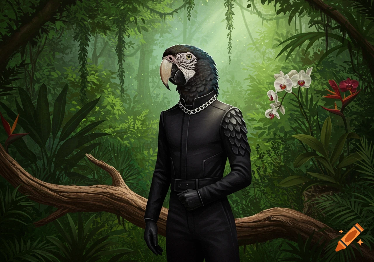 An anthropomorphic macaw character wearing a black outfit and chain stands in a lush jungle.
